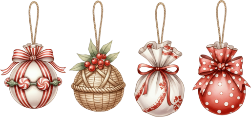 Four watercolor style Christmas ornaments featuring candy cane woven basket with berries and two fabric gift shaped decorations with ribbons berry fabric bag