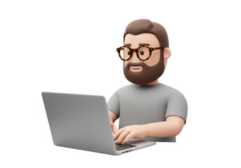 Isolated 3D render of a smiling bearded man wearing glasses and a grey t-shirt diligently typing on a silver laptop computer