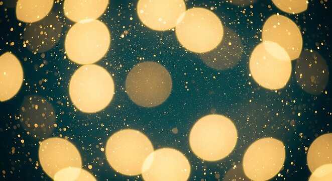 Illustration of abstract background of golden bokeh lights and sparkling glitter particles