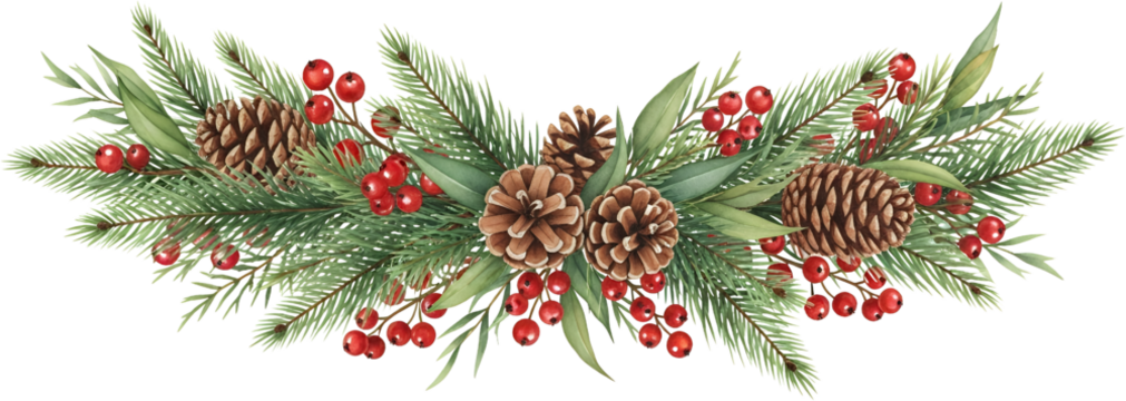 Festive pine garland with pinecones and red berries watercolor illustration natural Christmas decoration elements berry green holiday nature branch evergreen