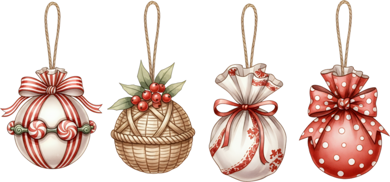 Four watercolor style Christmas ornaments featuring candy cane woven basket with berries and two fabric gift shaped decorations with ribbons berry fabric bag