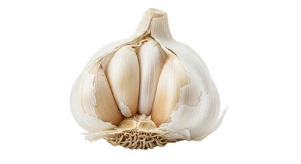 Detailed view of a fresh garlic head, cut open to reveal individual cloves and fibrous root system on an isolated background. Transparent Object PNG