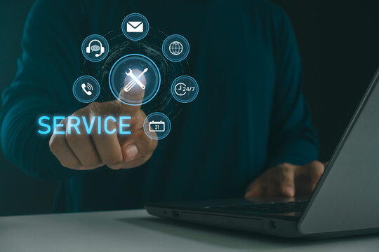 Customer pressing virtual service button on digital interface showing tools, technical support and communication icons, representing 24-7 customer service, IT support and digital service platform.