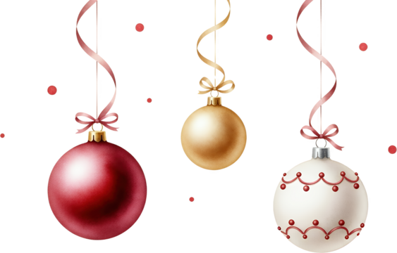 Three Christmas Tree Ornaments A Red Sphere A Gold Sphere And A White Sphere With Red Decorative Patterns Hang On Ribbons Against A Transparent Background With Scattered Red Dots