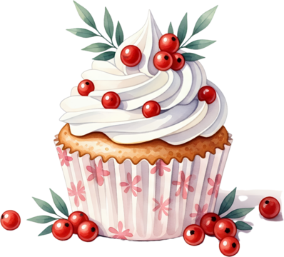 A single cupcake adorned with white frosting red berries and green leaves presented in a decorative paper liner with a subtle floral pattern baking dessert