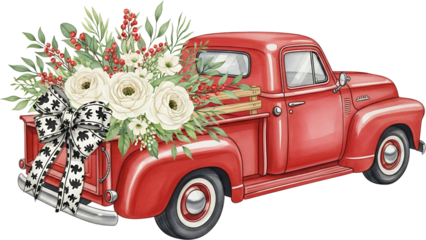 A watercolor illustration of a vintage red pickup truck adorned with a large bouquet of white roses greenery red berries and a festive patterned bow red truck