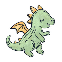 Cute cosmic dinosaur-dragon in a whimsical cartoon style. Hand-drawn doodle illustration
