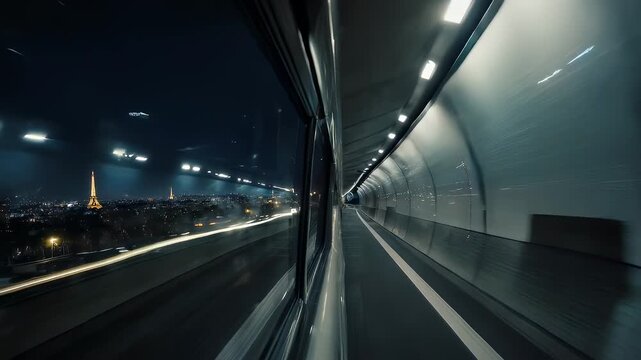 Night train interior view, exterior shows Paris' lights through window, opposite is a tunnel