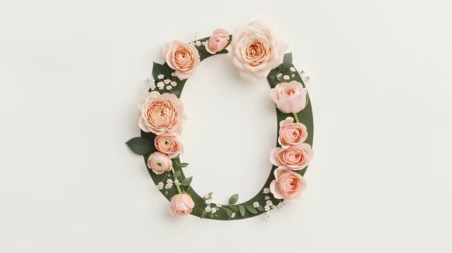 Elegant Floral Arrangement Forming the Letter 'O' with Blush Pink Roses and Green Foliage