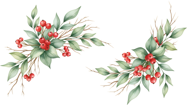 Watercolor arrangements of green leaves and red berries with delicate branches creating a festive natural border design botanical floral decoration holiday - Powered by Adobe