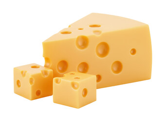 Isolated delicious yellow cheese wedge and two small cheese cubes with holes a tasty dairy product perfect for cooking or snacking
