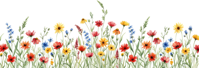 A Watercolor Painting Displays A Border Of Wildflowers Including Poppies Daisies And Delphiniums With Lush Green Foliage Against A Transparent Background Floral
