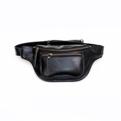 Black leather waist bag isolated on white background, perfect for leather product catalog design