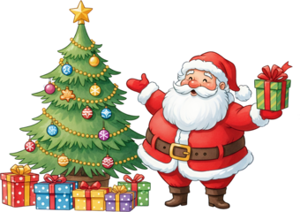 Cheerful Santa Claus standing beside a decorated Christmas tree holding a gift box surrounded by wrapped presents holiday winter festive celebration joyful