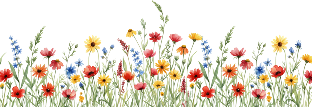 A Watercolor Painting Displays A Border Of Wildflowers Including Poppies Daisies And Delphiniums With Lush Green Foliage Against A Transparent Background Floral