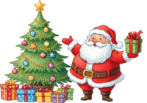 Cheerful Santa Claus standing beside a decorated Christmas tree holding a gift box surrounded by wrapped presents holiday winter festive celebration joyful