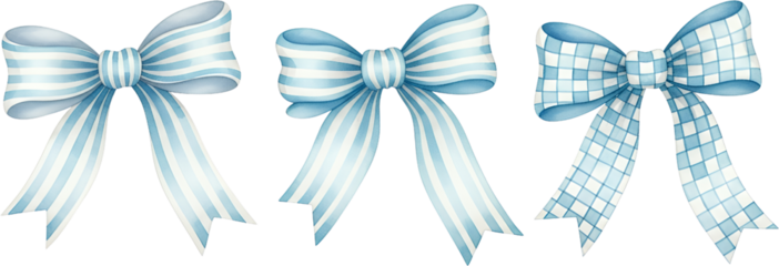 Three Watercolor Bows Two Striped And One Gingham All In Pastel Blue And White Isolated On A Transparent Background Ribbon Pattern Decoration Gift Craft Celebration