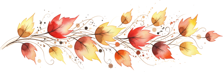 Watercolor autumn leaves branch with swirling vines and scattered paint splatters Leaves display shades of red orange and yellow transparent background