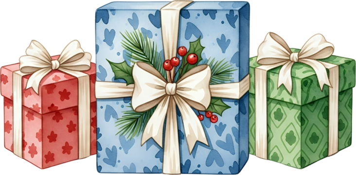 Three decorative watercolor gift boxes with festive ribbons and holiday greenery featuring a red box with star pattern a blue box with hearts and a green box with diamond patterns