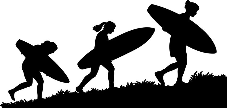 Three surfers in silhouette carrying surfboards walking up a grassy hill isolated on white background silhouette