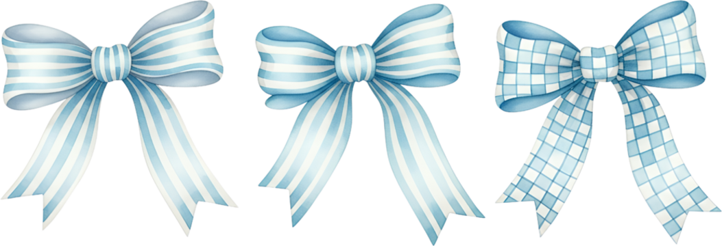 Three Watercolor Bows Two Striped And One Gingham All In Pastel Blue And White Isolated On A Transparent Background Ribbon Pattern Decoration Gift Craft Celebration
