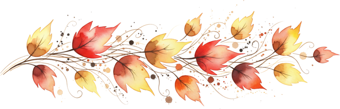 Watercolor autumn leaves branch with swirling vines and scattered paint splatters Leaves display shades of red orange and yellow transparent background - Powered by Adobe