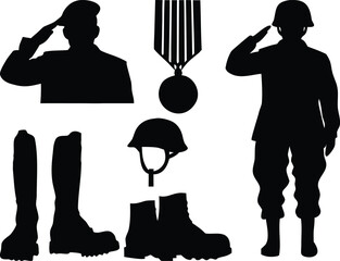 Military soldier salute silhouette with medal boots and helmet isolated on white background