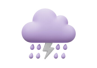 Isolated purple cloud with rain and lightning bolt 3D render illustration weather forecast climate meteorology symbol cute cartoon style digital art graphic element