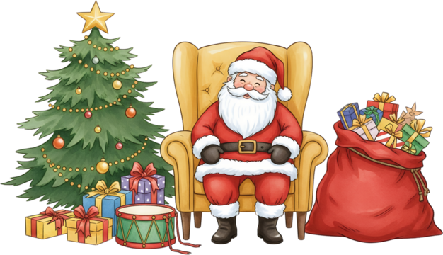 Santa Claus sits comfortably in a yellow armchair next to a decorated Christmas tree and a large red sack overflowing with gifts with presents and a drum at the tree's base - Powered by Adobe