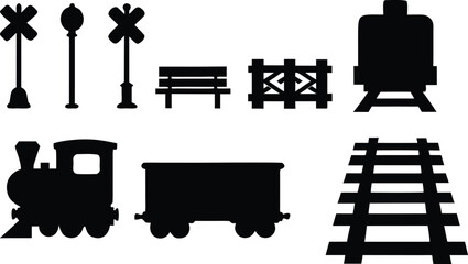 Collection of train related silhouette elements including railroad crossing signs bench fence water tower locomotive cargo car and track isolated on white background silhouette