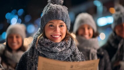 Smiling young woman in knitted hat, scarf sings carols with friends outdoors on winter evening, surrounded by festive lights, joyful atmosphere, capturing warmth, happiness holiday season - Powered by Adobe