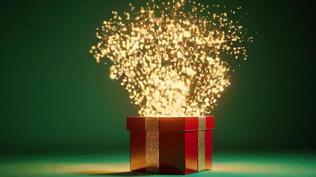 Magical golden particles burst dynamically from a luxurious red gift box, creating an exciting surprise reveal on a festive green background