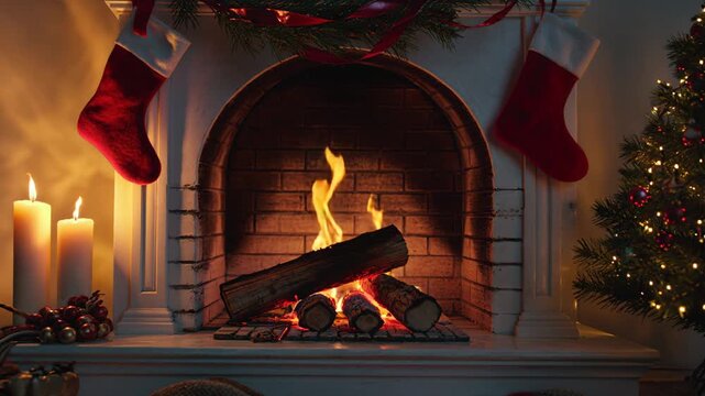 Cozy Christmas fireplace with crackling flames, hanging stockings, and twinkling tree lights creating a warm holiday atmosphere