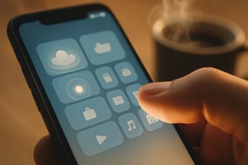 Smartphone with glowing cloud app icon for digital storage and file transfer 
