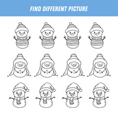 Find different snowman in each row. Christmas Logical game for kids. Cartoon snowmen. Doodle. Vector