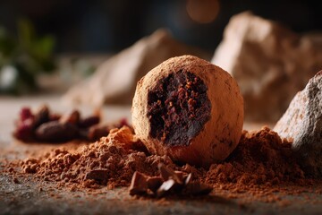 Indulging in rich chocolate truffles surrounded by cocoa powder and rocky textures, showcasing the art of sweet confectionery