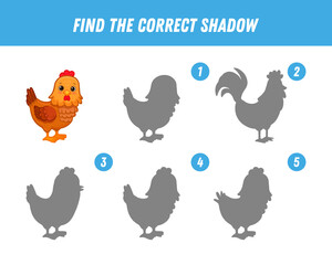Find correct shadow of cute cartoon chicken. Educational logical game for kids. Funny bird. 