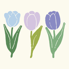 Hand-drawn colorful pastel tulip flowers with green leaves vector illustration