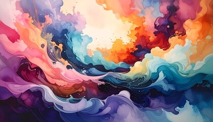 A vibrant abstract piece featuring swirling clouds of color, evoking a sense of movement and energy.