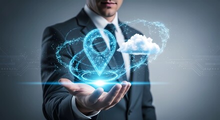 Businessman Holding Futuristic Holographic Location Marker and Cloud