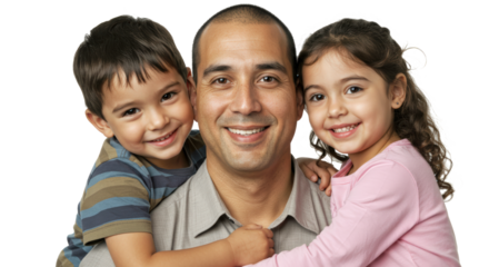 Portrait of a loving father with his happy children, joyful family moment reflecting parenthood, emotional connection, and responsible fathering