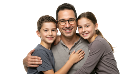 Portrait of a loving father with his happy children, joyful family moment reflecting parenthood, emotional connection, and responsible fathering