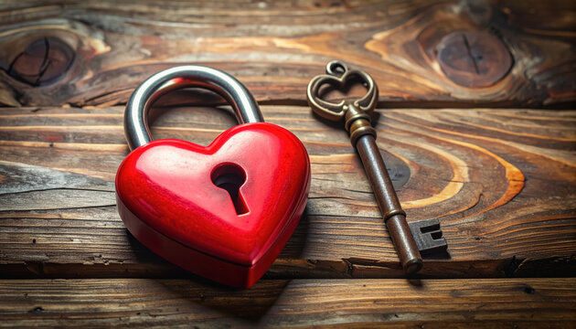 Heart-shaped lock and key elegantly positioned on rustic wooden surface with ample copy space for textual ideas
