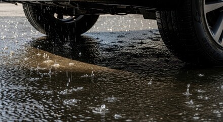Vehicle resting on the pavement reflecting wet conditions and creating captivating patterns