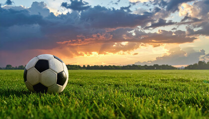 A soccer ball on wet grass with a dramatic cloudy sky above and open copy space at the top for text