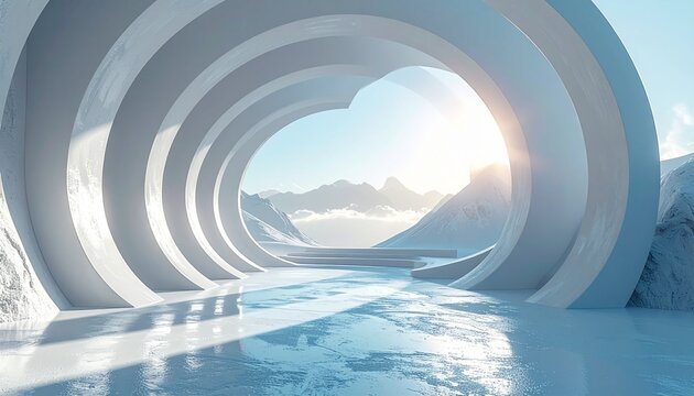 Abstract modern arched tunnel with reflective icy surface towards a bright winter mountain landscape at dawn
