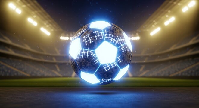 Futuristic glowing soccer ball in a stadium with bright spotlights illuminating the field