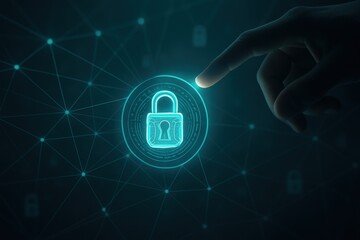 Finger pointing glowing digital lock icon symbolizing cybersecurity protection 
