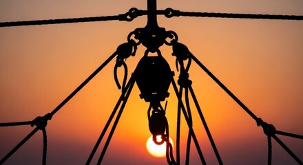Silhouetted sailing rigging against sunset highlights nautical heritage and seafaring adventure