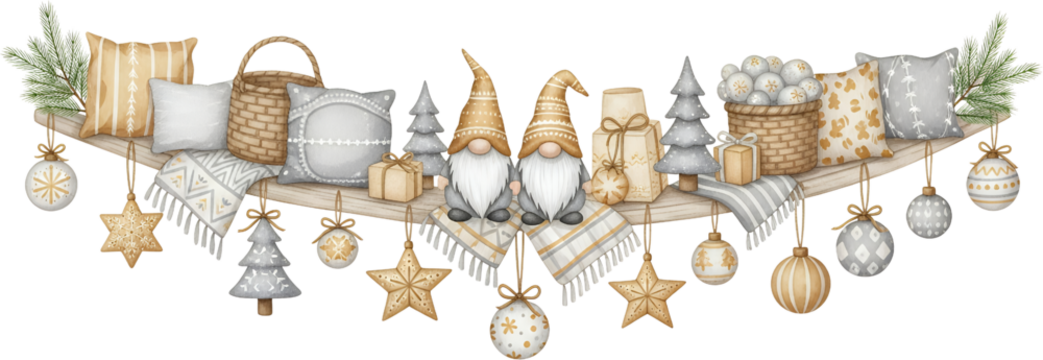A festive decorative garland featuring two gnomes Christmas trees gifts pillows baskets and ornaments on a wooden shelf Decoration Holiday Winter Winter Holiday